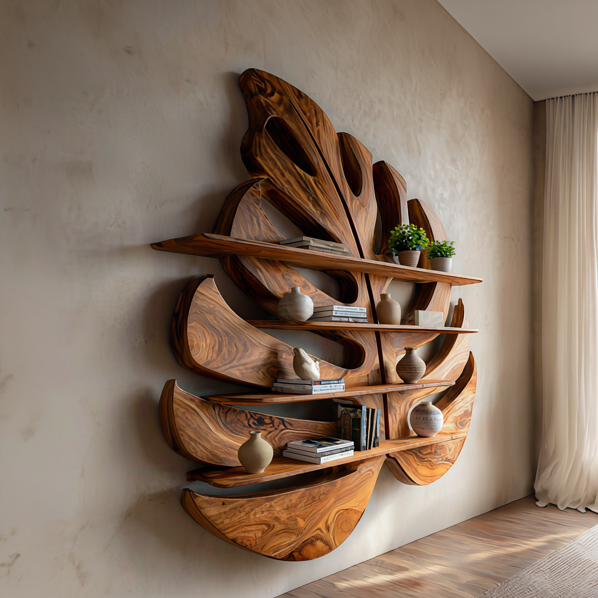 Contemporary Wooden Leaf Shape Shelf For Modern Home