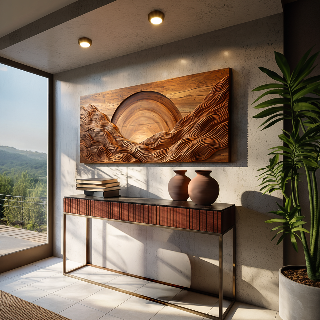 Modern Wood Mountain Sunrise Wall Art For Living Room