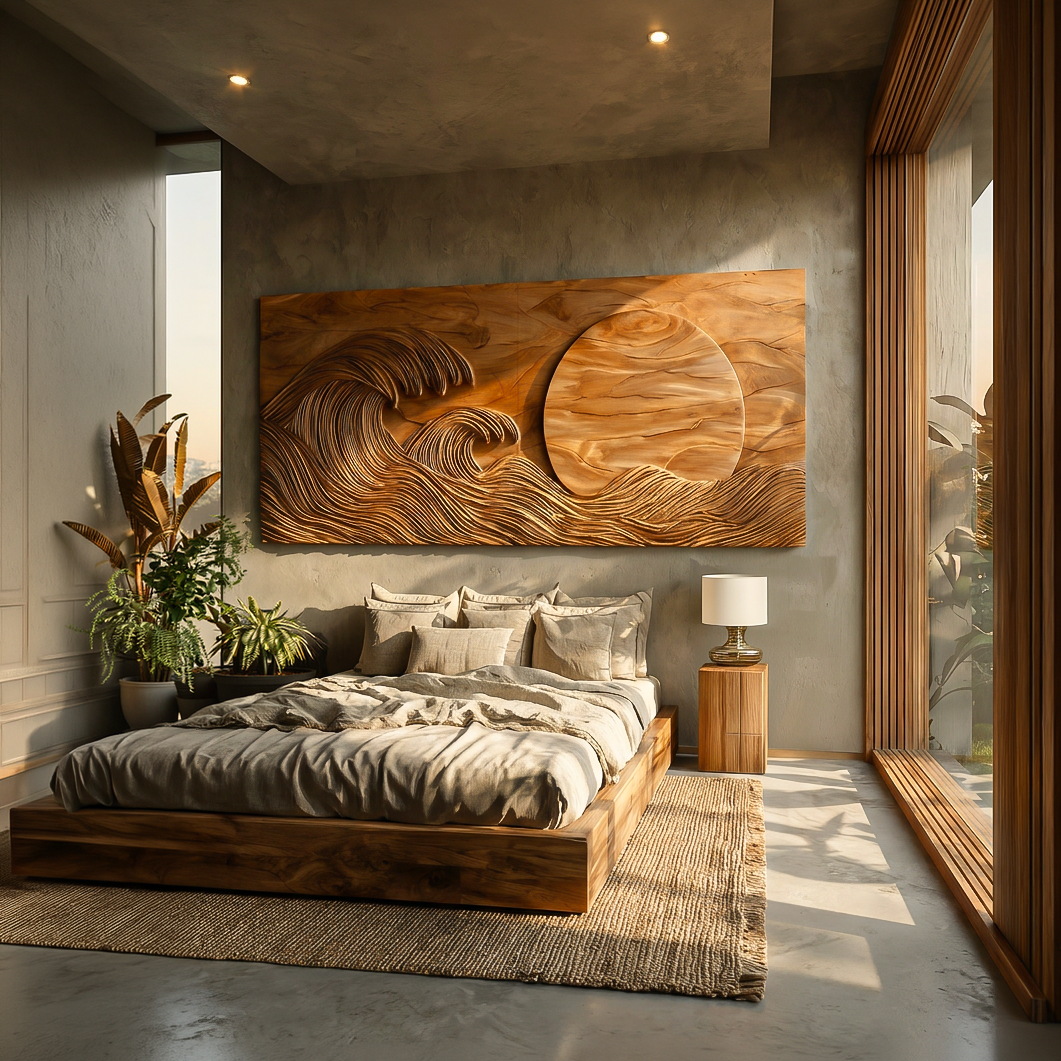 Modern Wood Wave And Sun Wall Art For Living Space