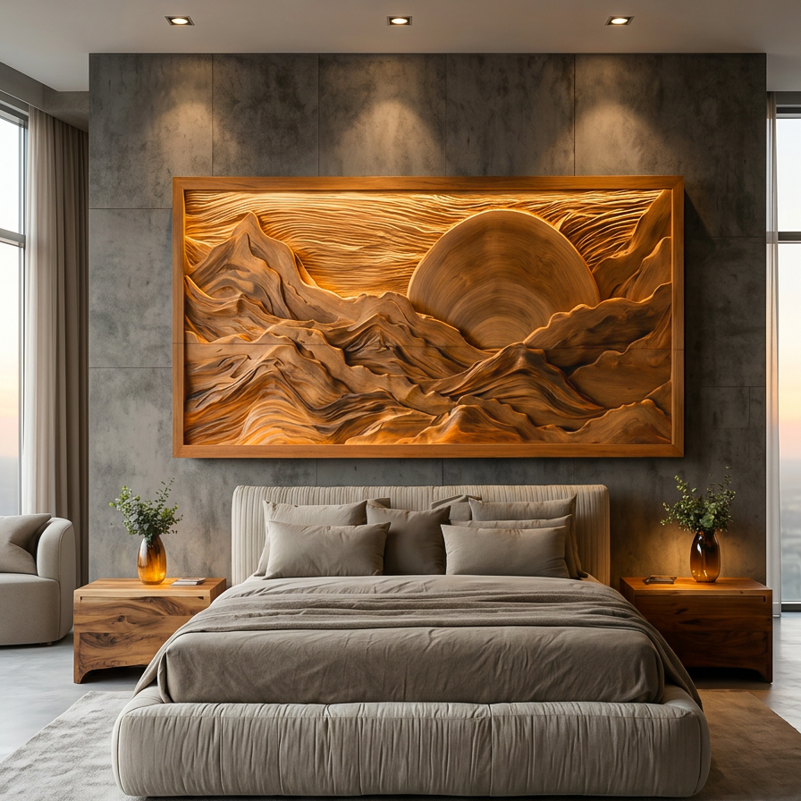Modern Wood Mountain Sunset Wall Art For Living Room