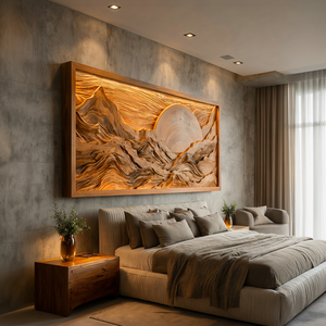 Modern Wood Mountain Sunset Wall Art For Living Room