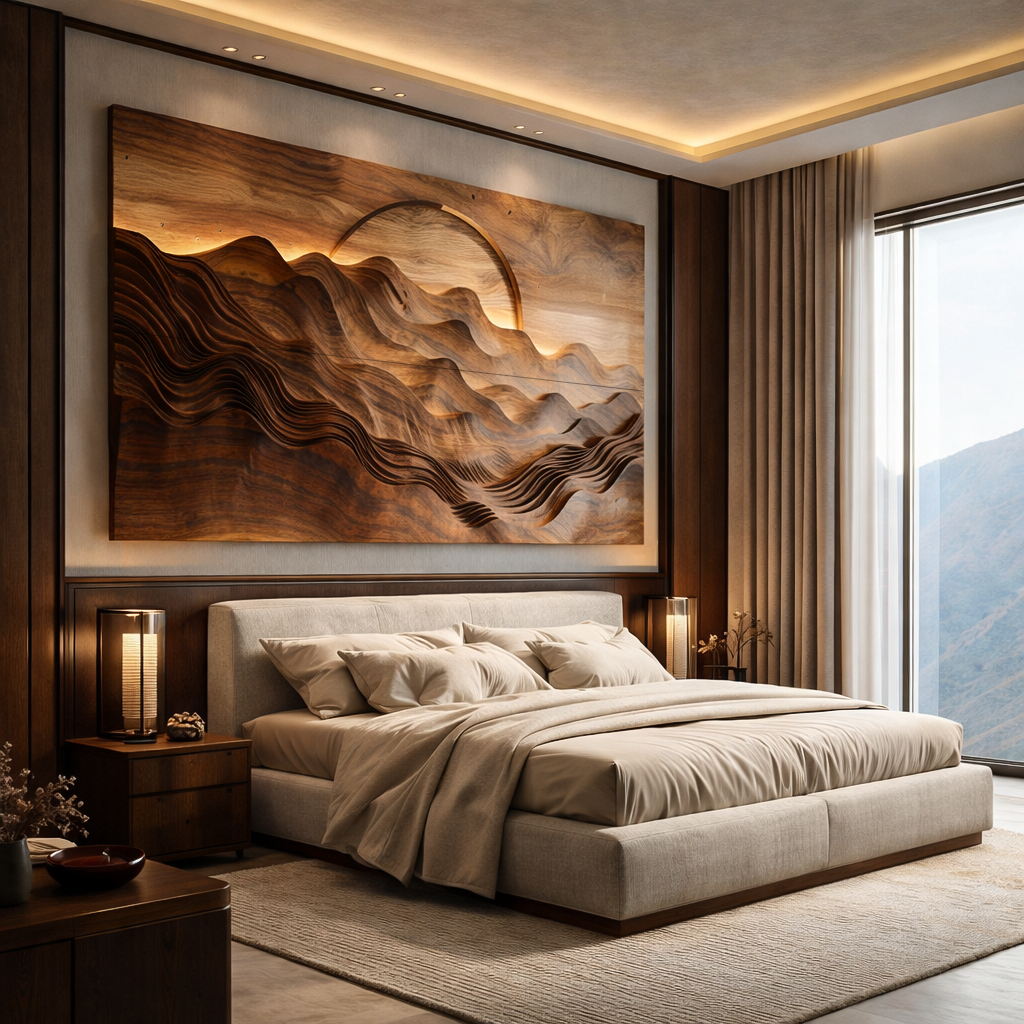 Hand Carved Wooden Mountain Landscape Wall Art for Bedroom