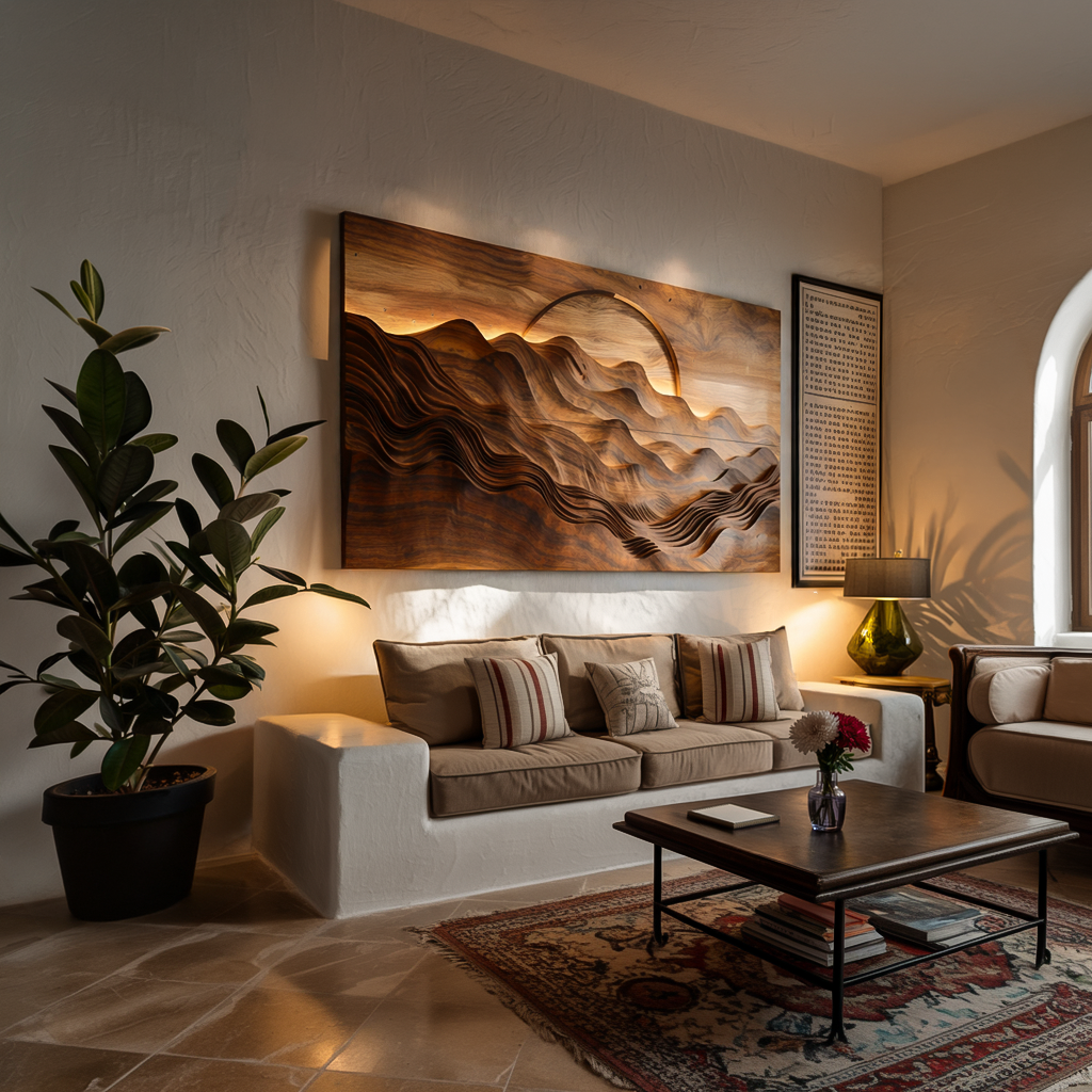 Hand Carved Wooden Mountain Landscape Wall Art for Bedroom