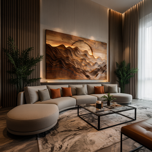 Hand Carved Wooden Mountain Landscape Wall Art for Bedroom