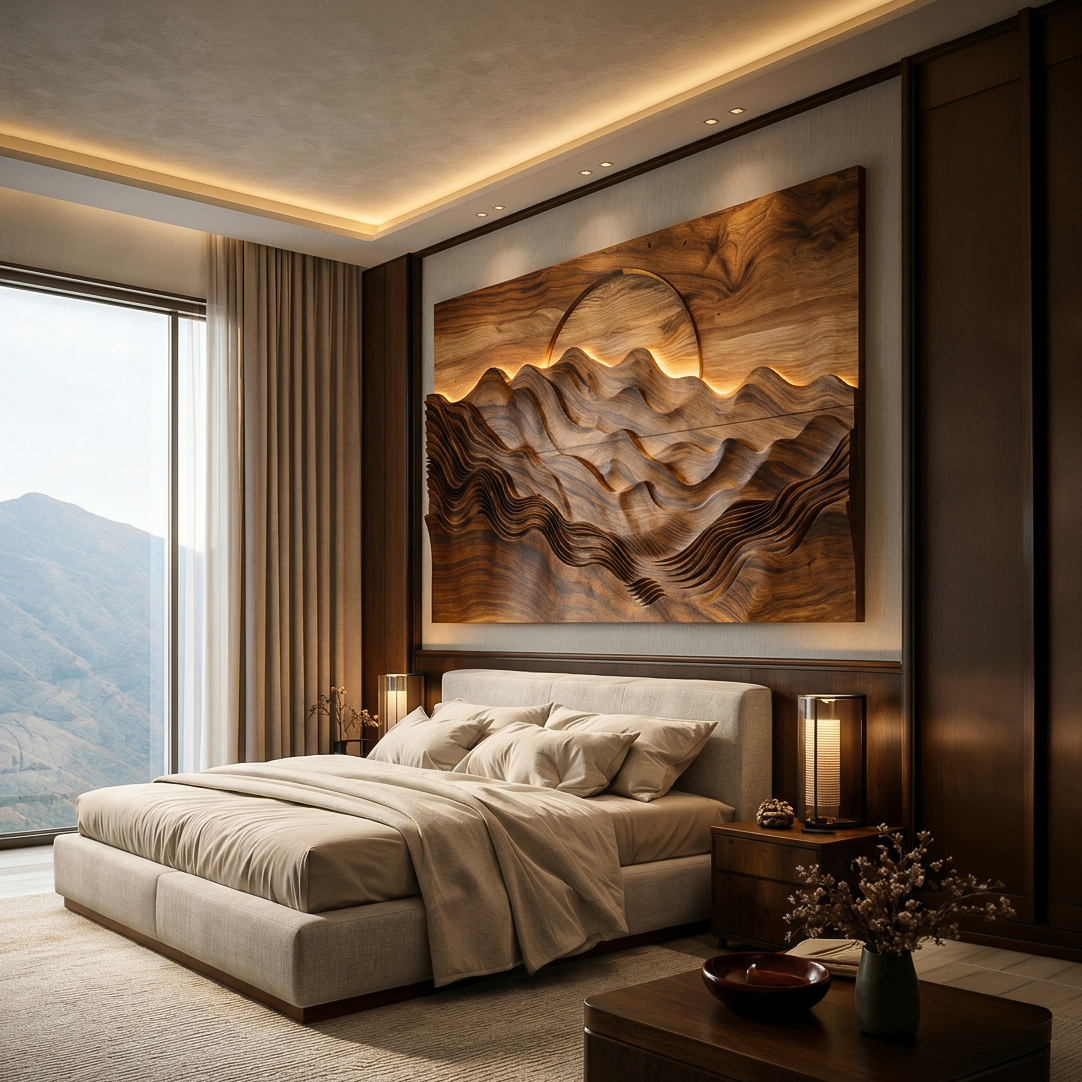 Hand Carved Wooden Mountain Landscape Wall Art for Bedroom