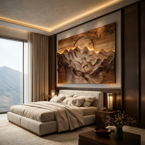 Hand Carved Wooden Mountain Landscape Wall Art for Bedroom