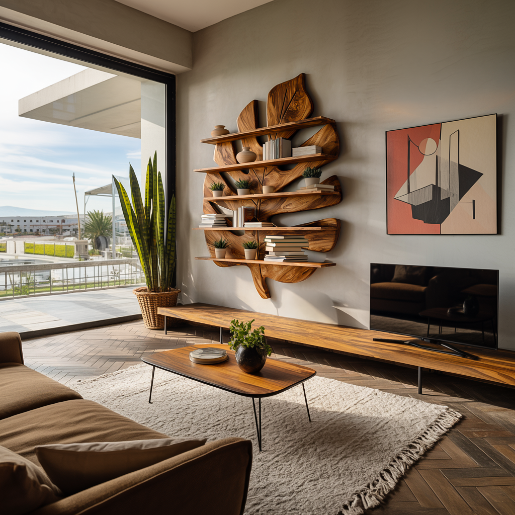 Contemporary Wooden Leaf Bookshelf For Living Room Design