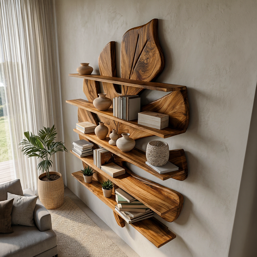 Contemporary Wooden Leaf Bookshelf For Living Room Design