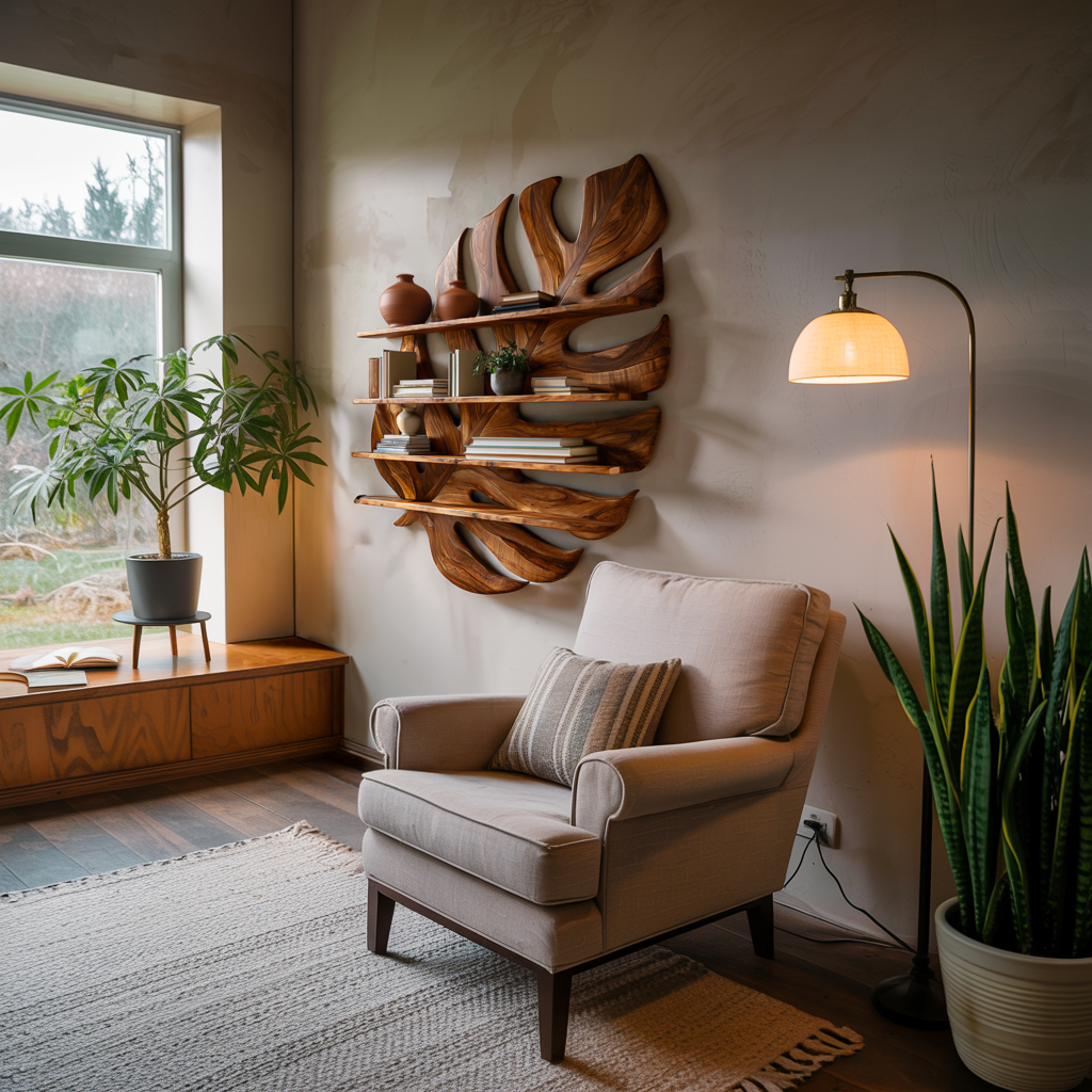Large Wooden Tropical Leaf Bookshelf For Living Room