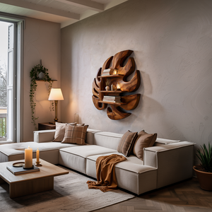 Wooden Leaf Inspired Wall Mounted Bookshelf For Living Decor
