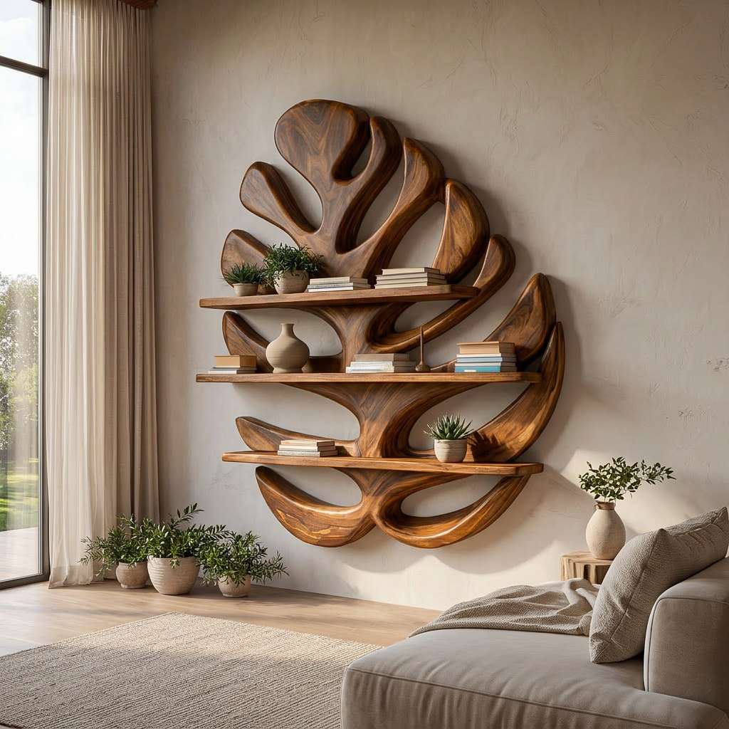 Wood Monstera Leaf Bookshelf For Modern Minimalist Home
