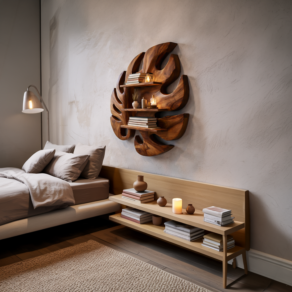 Wooden Leaf Inspired Wall Mounted Bookshelf For Living Decor