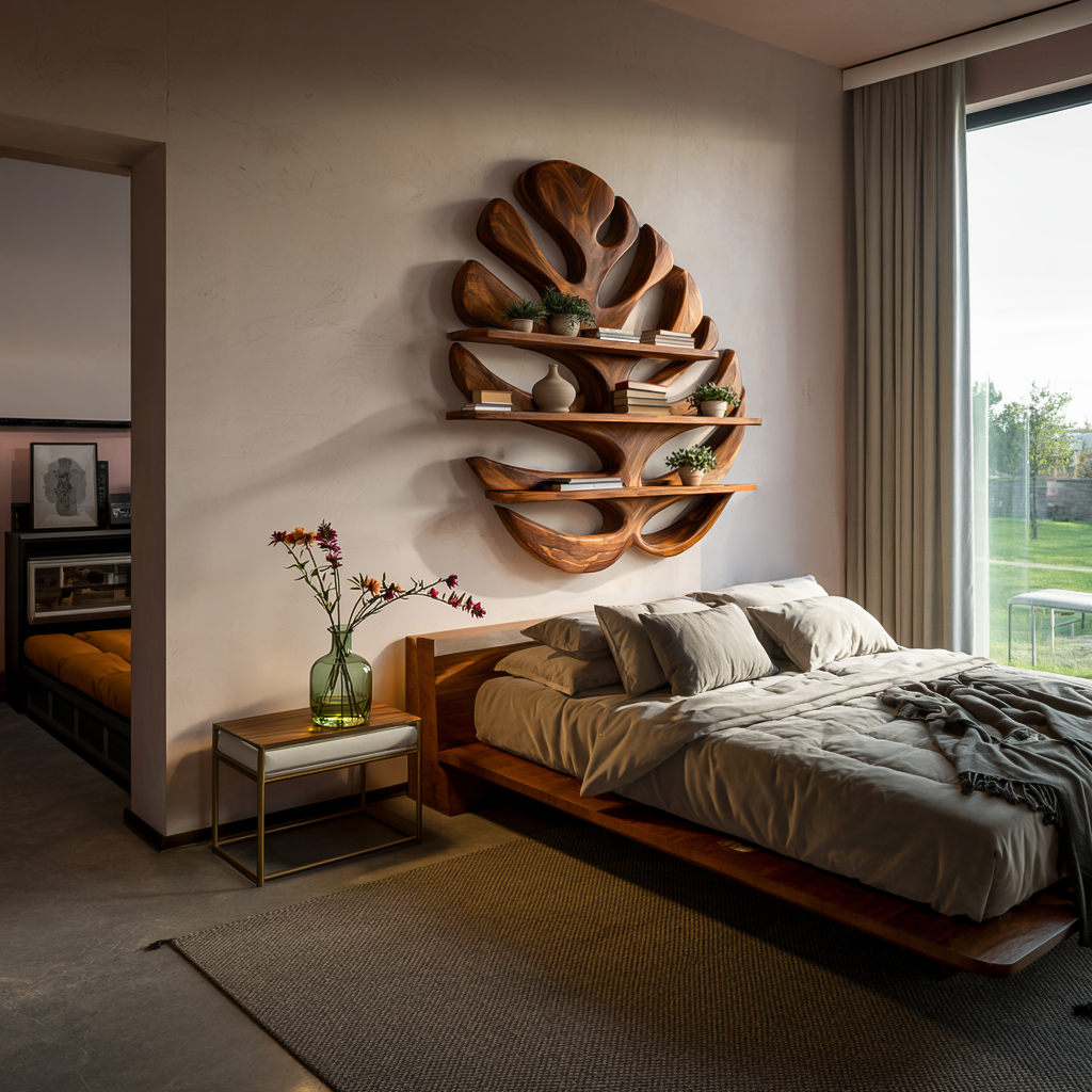 Wood Monstera Leaf Bookshelf For Modern Minimalist Home