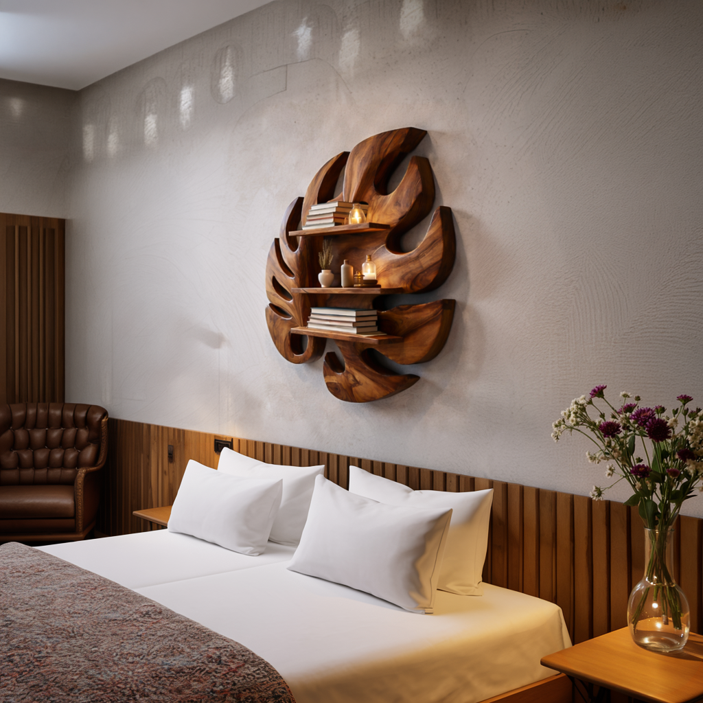 Wooden Leaf Inspired Wall Mounted Bookshelf For Living Decor