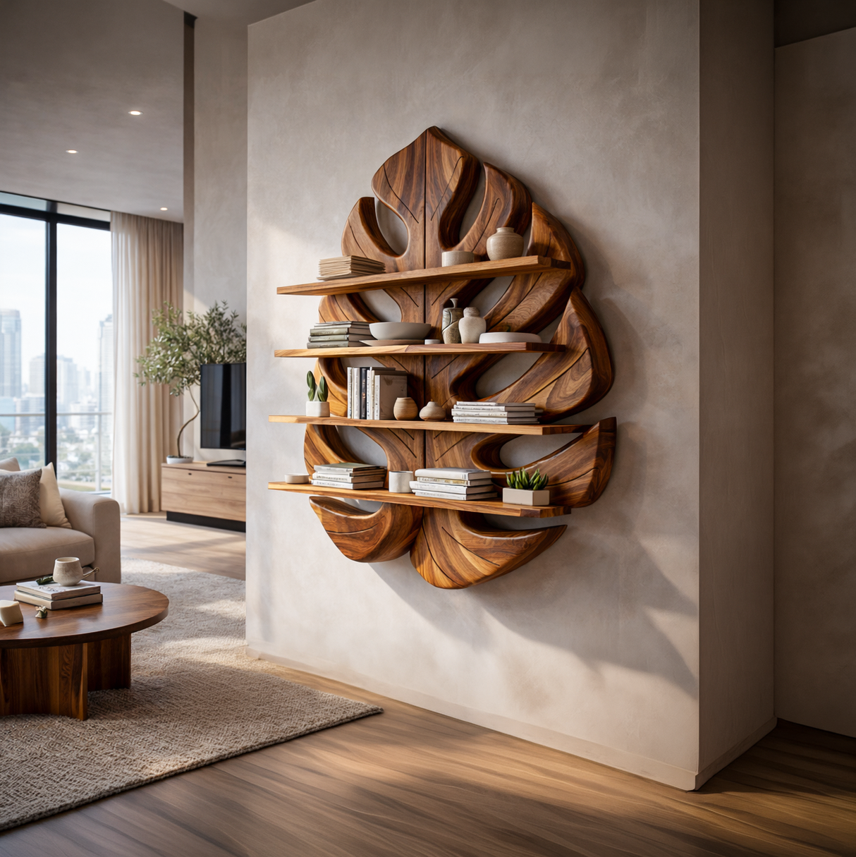 Wooden Leaf Bookshelf For Living Room Plant And Book Display