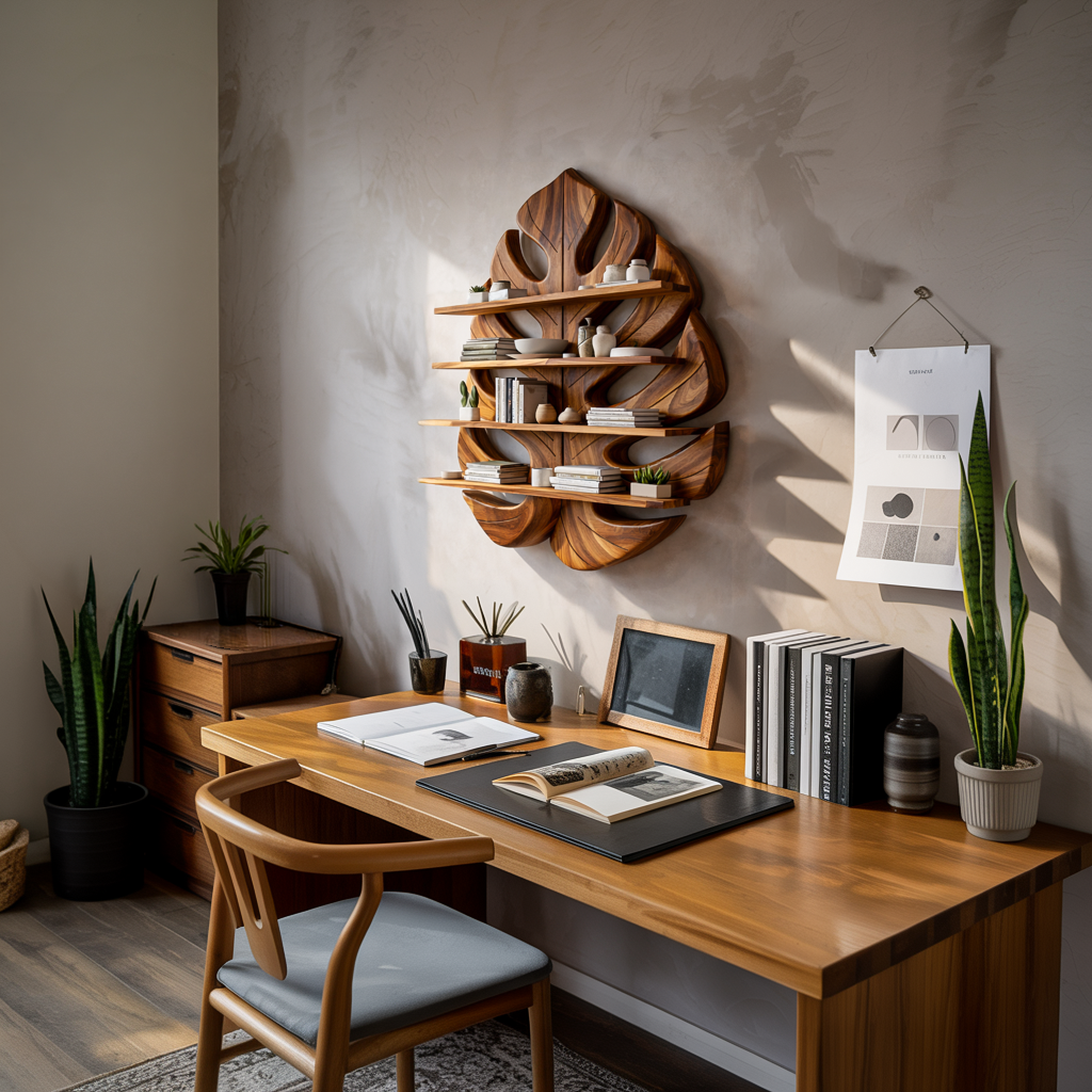 Wooden Leaf Bookshelf For Living Room Plant And Book Display