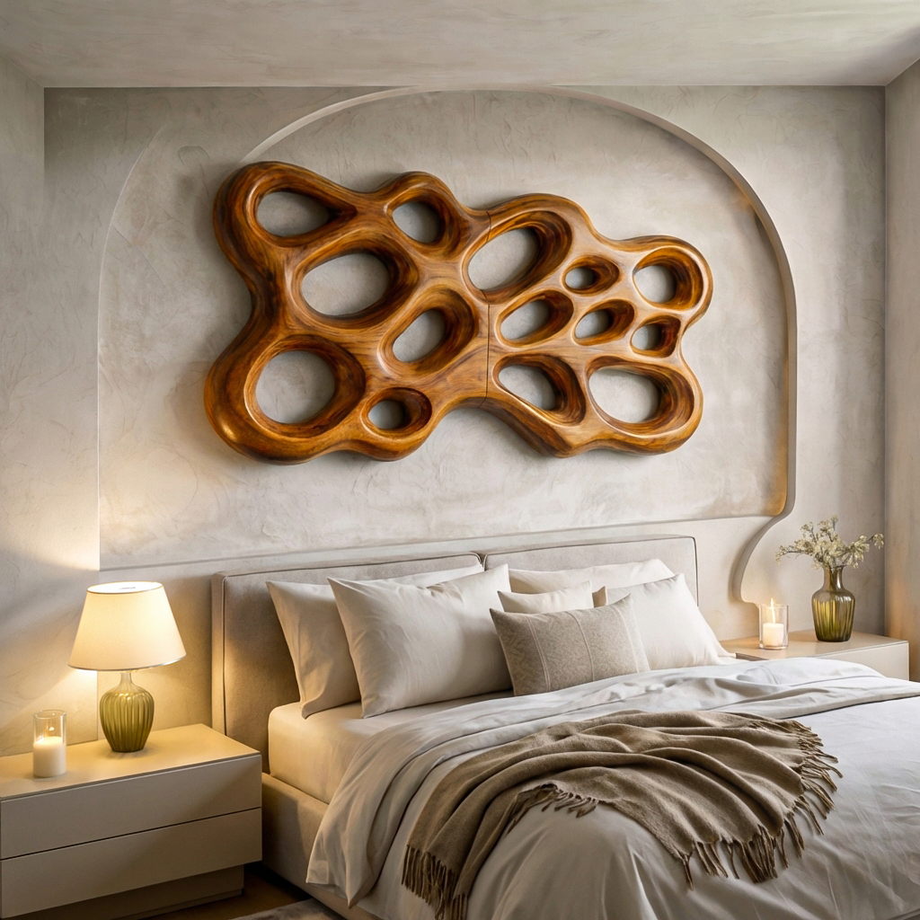 Contemporary Wooden Wall Art With Cutout Sculpture For Bedroom