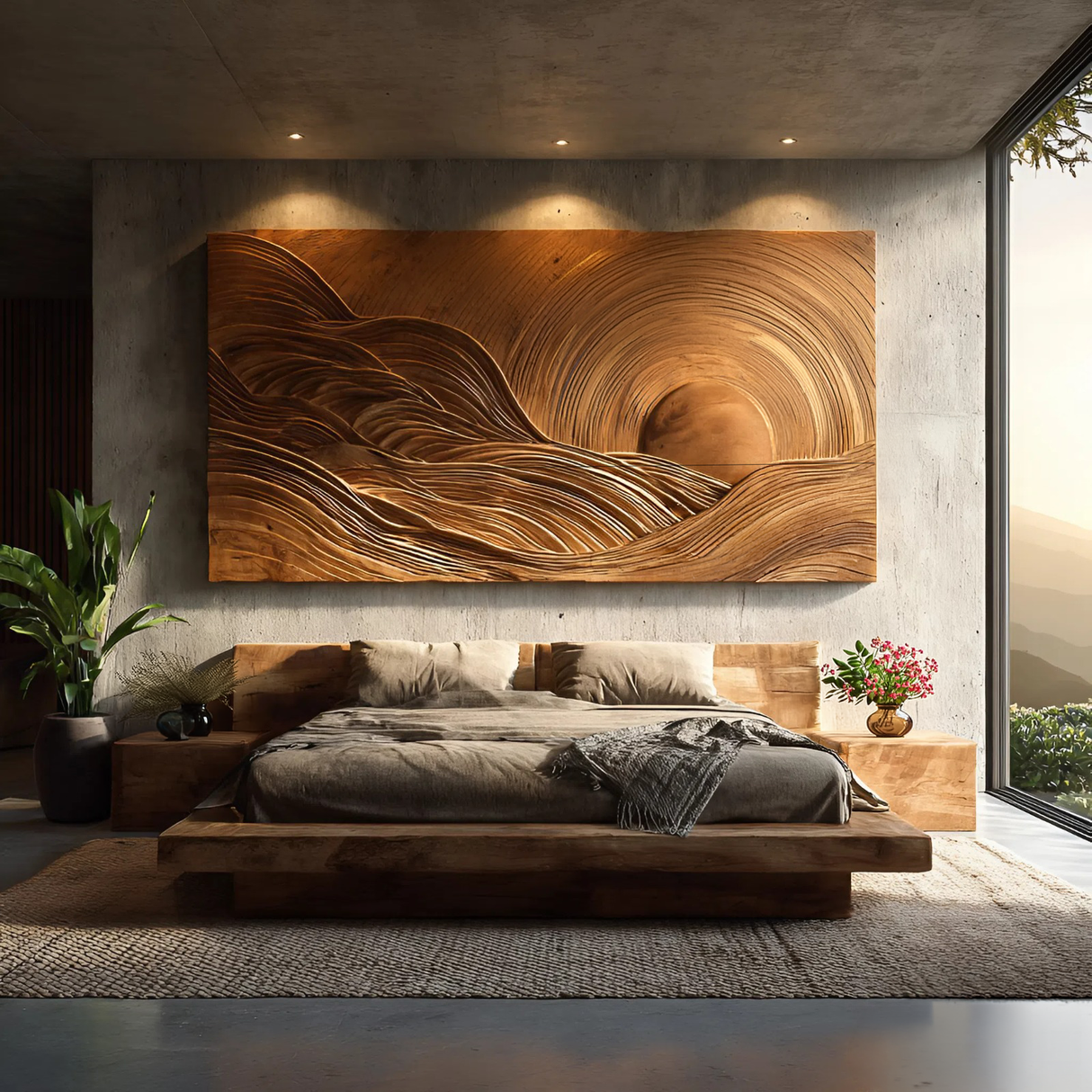 Wooden Mountain Sun Landscape Wall Art For Contemporary Interior