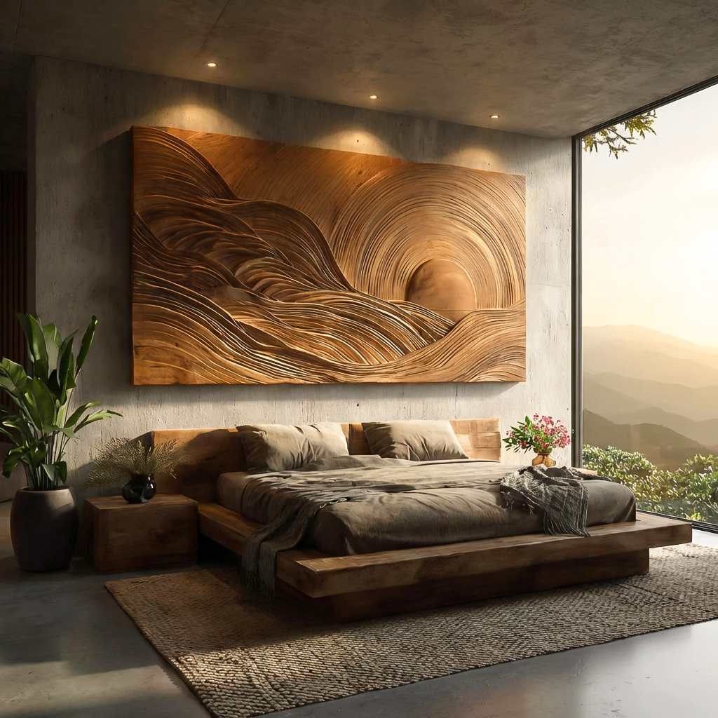 Wooden Mountain Sun Landscape Wall Art For Contemporary Interior