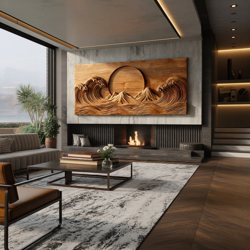 Modern Wooden Ocean Wave Wall Art Hand Carved For Bedroom Decor