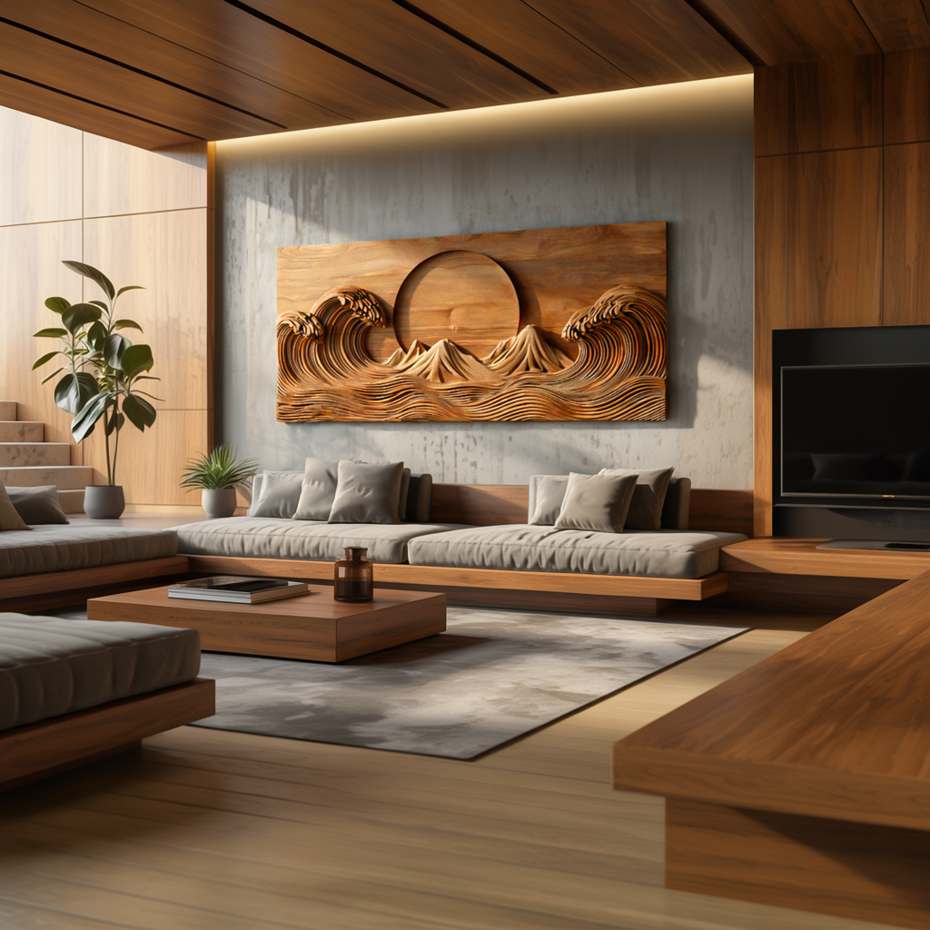 Modern Wooden Ocean Wave Wall Art Hand Carved For Bedroom Decor