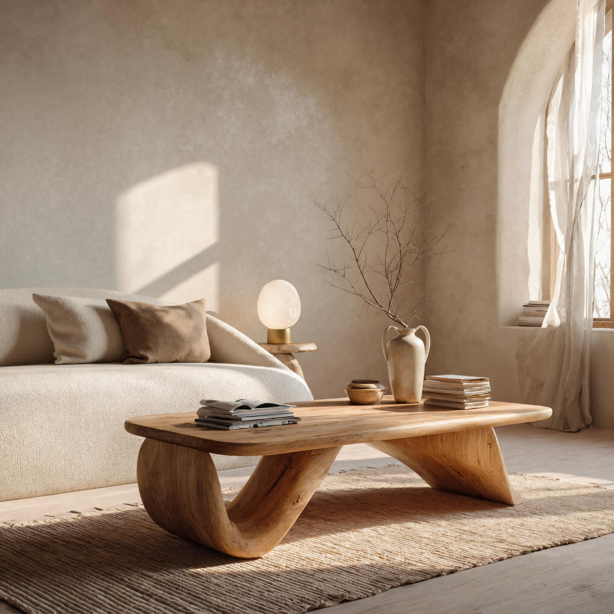 Organic Wood Coffee Table With Sculpted Curved Base For Living