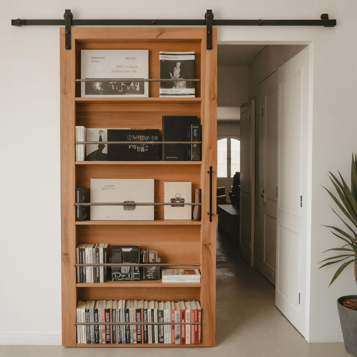 Modern Sliding Barn Door With Built-In Bookshelf For Living Room