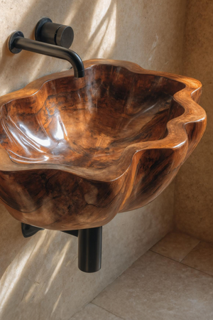 Handcrafted Solid Wood Wash Basin For Artistic Bathroom Interior Decor