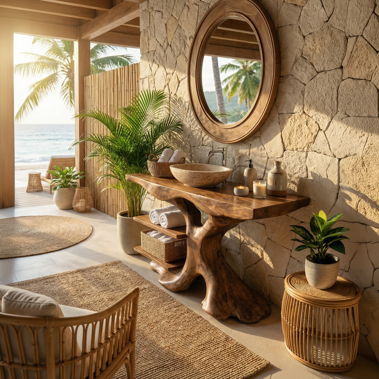 Handcrafted Solid Wood Bathroom Vanity With Shelf For Natural Bathroom