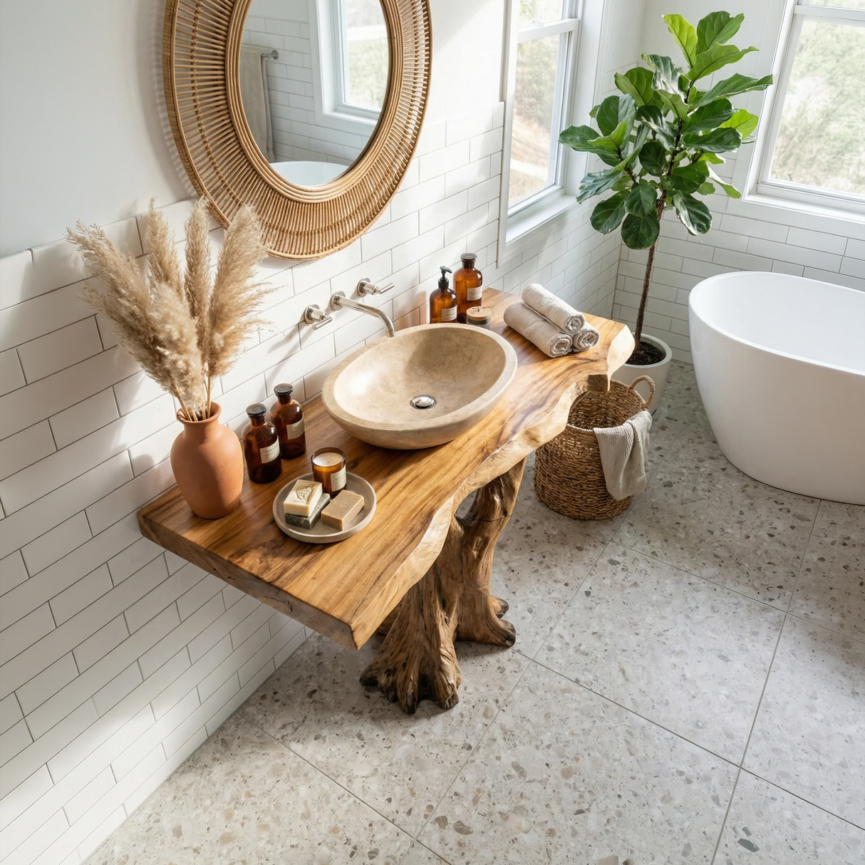 Handcrafted Solid Wood Bathroom Vanity Live Edge For Natural Spa Bath