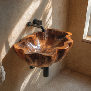 Handcrafted Solid Wood Wash Basin For Artistic Bathroom Interior Decor