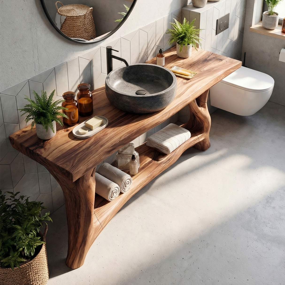 Mid Century Wooden Vanity For Double Sink Bathroom