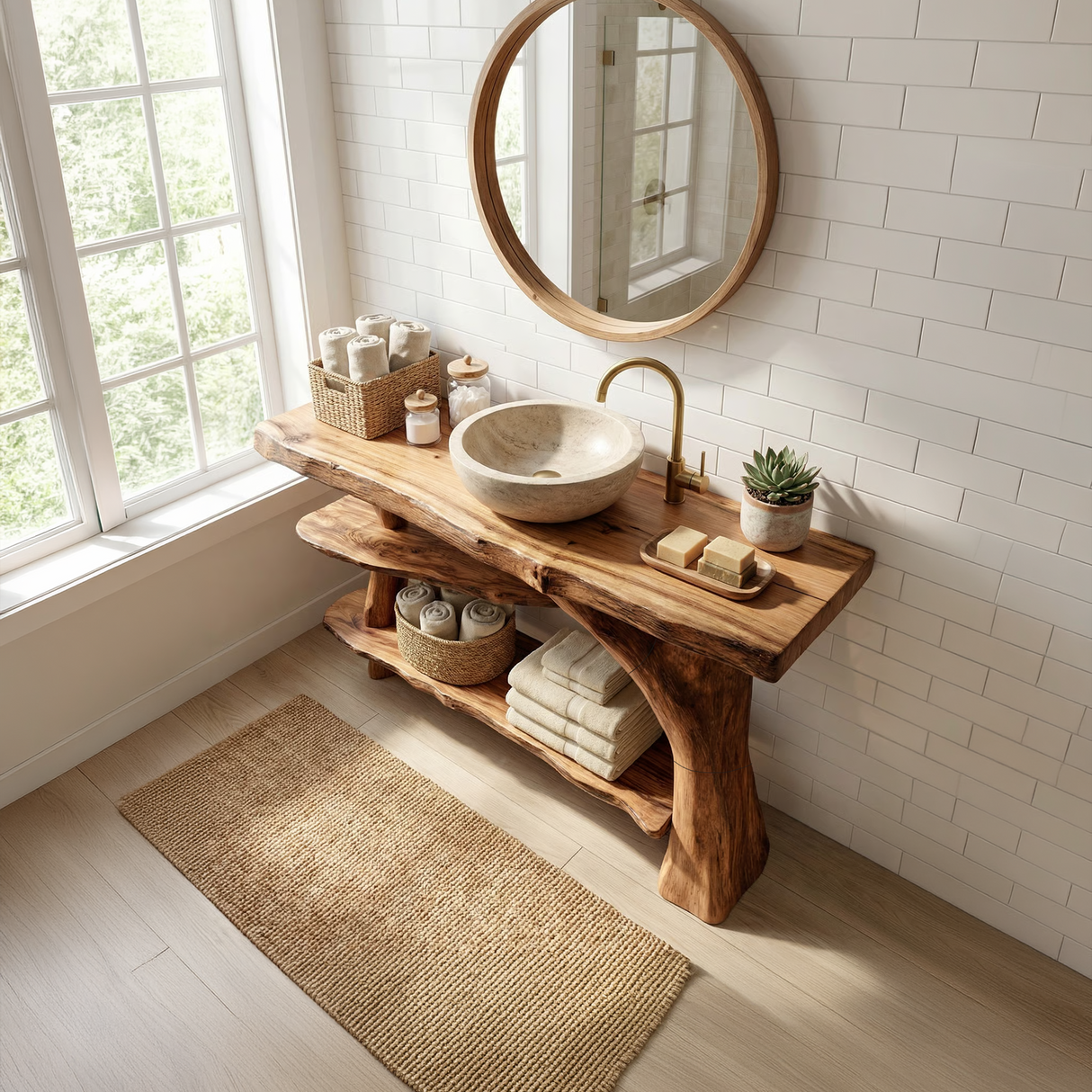 Mid Century Live Edge Bathroom Vanity Organic Wood For Luxury Spa Bath