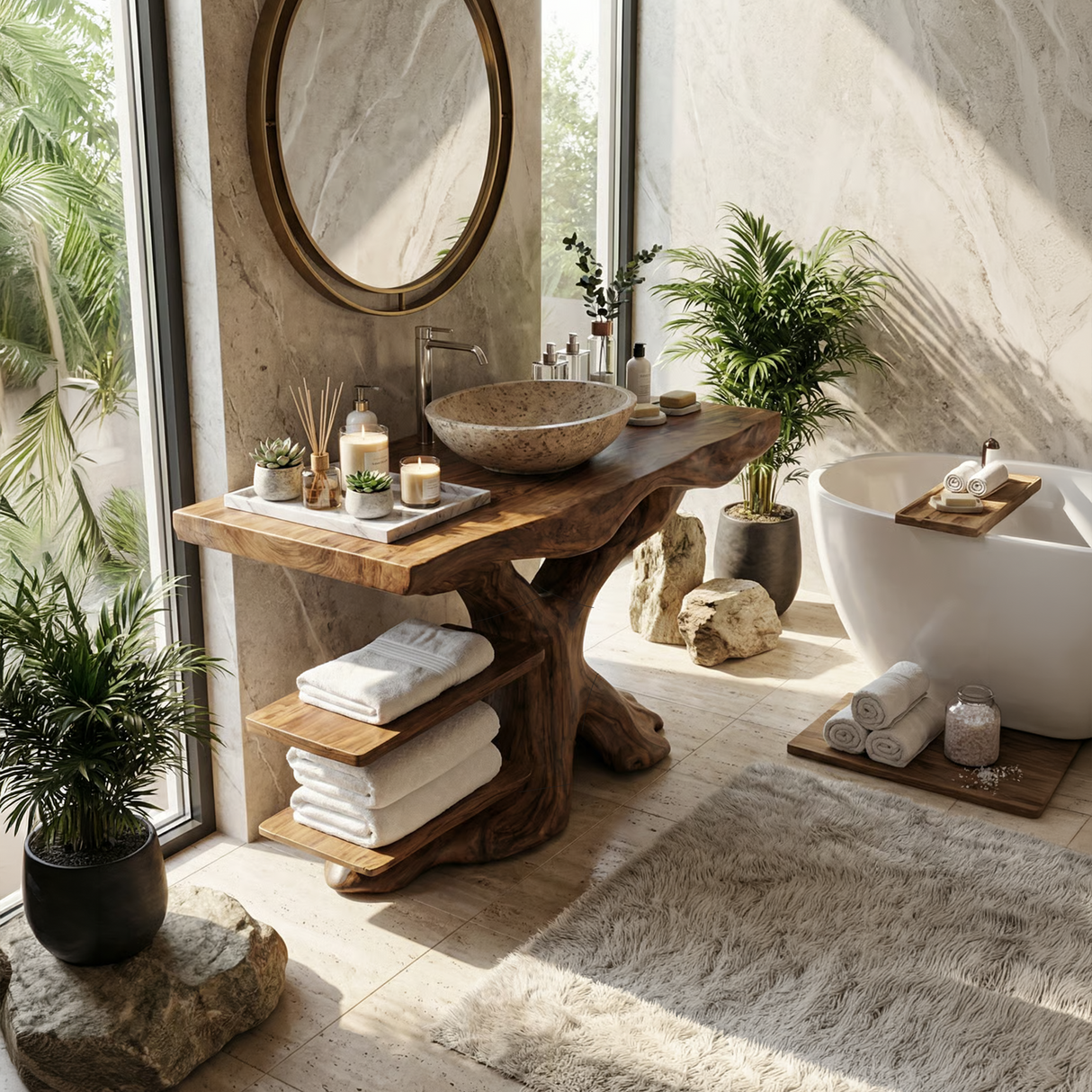 Handcrafted Solid Wood Bathroom Vanity With Shelf For Natural Bathroom