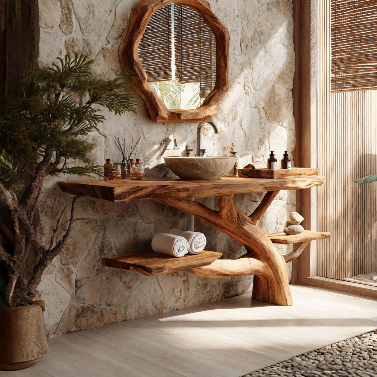 Handcrafted Wooden Live Edge Bathroom Vanity For Luxury Bathroom Decor