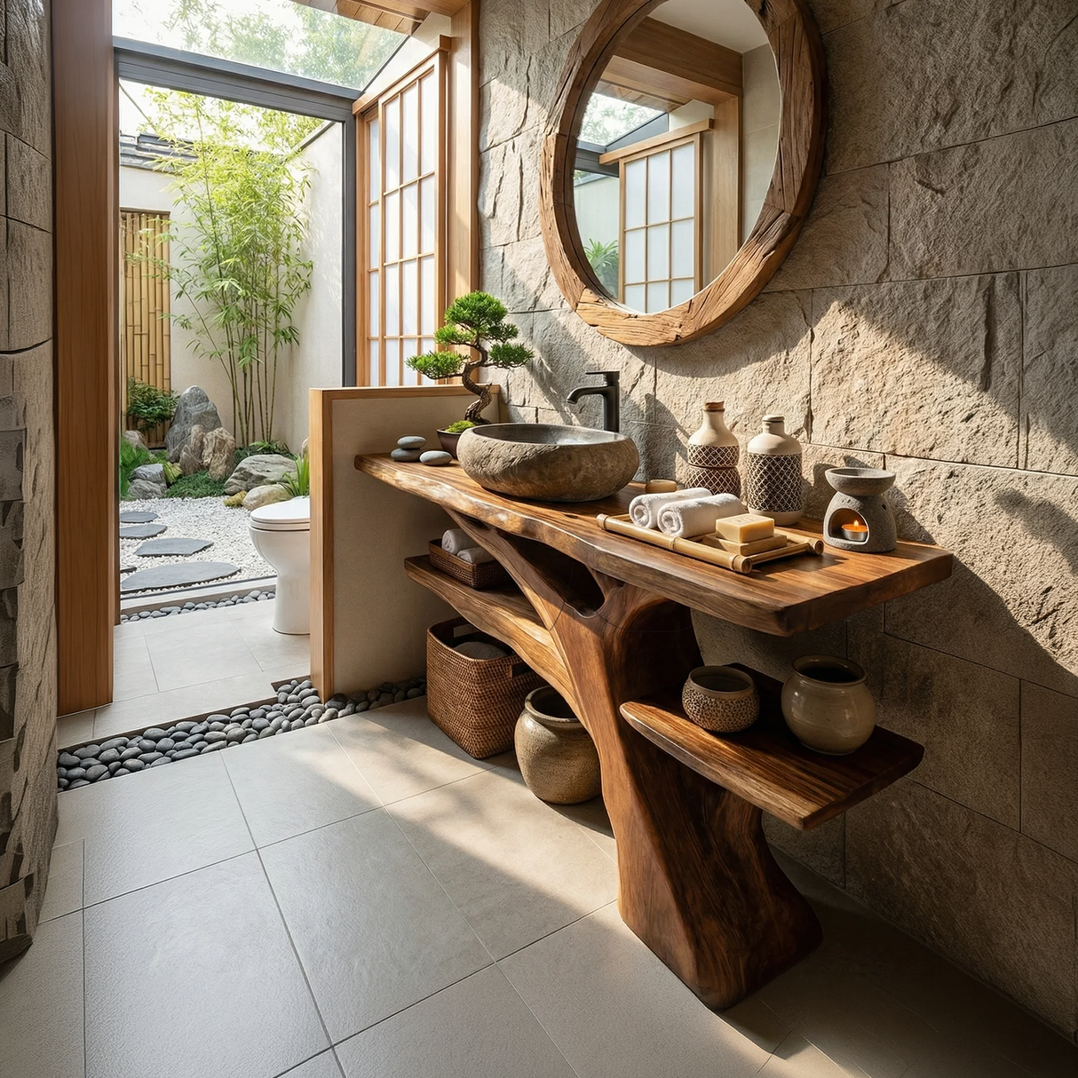 Mid Century Solid Wood Bathroom Vanity Sculptural Live Edge For Bathroom