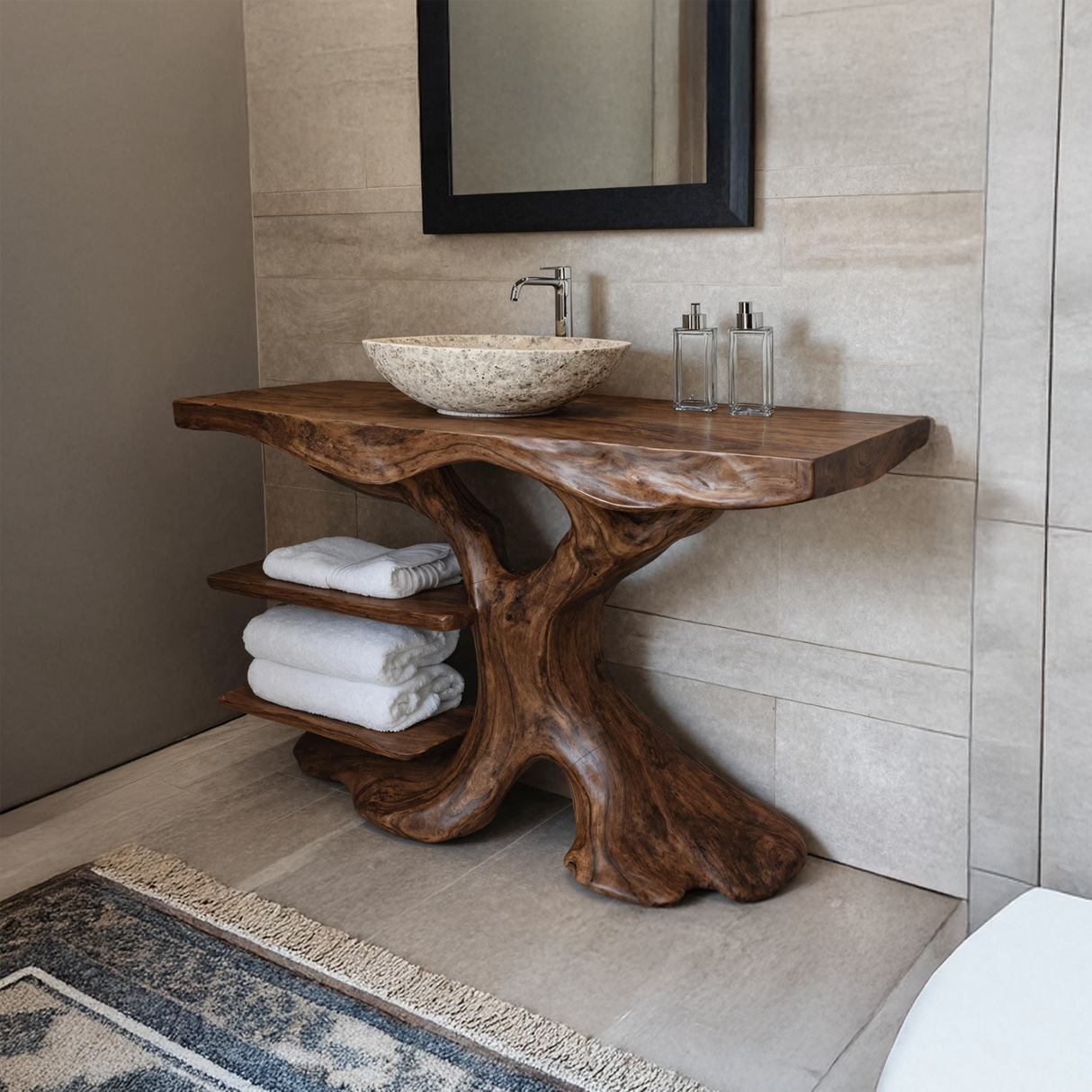 Handcrafted Solid Wood Bathroom Vanity With Shelf For Natural Bathroom