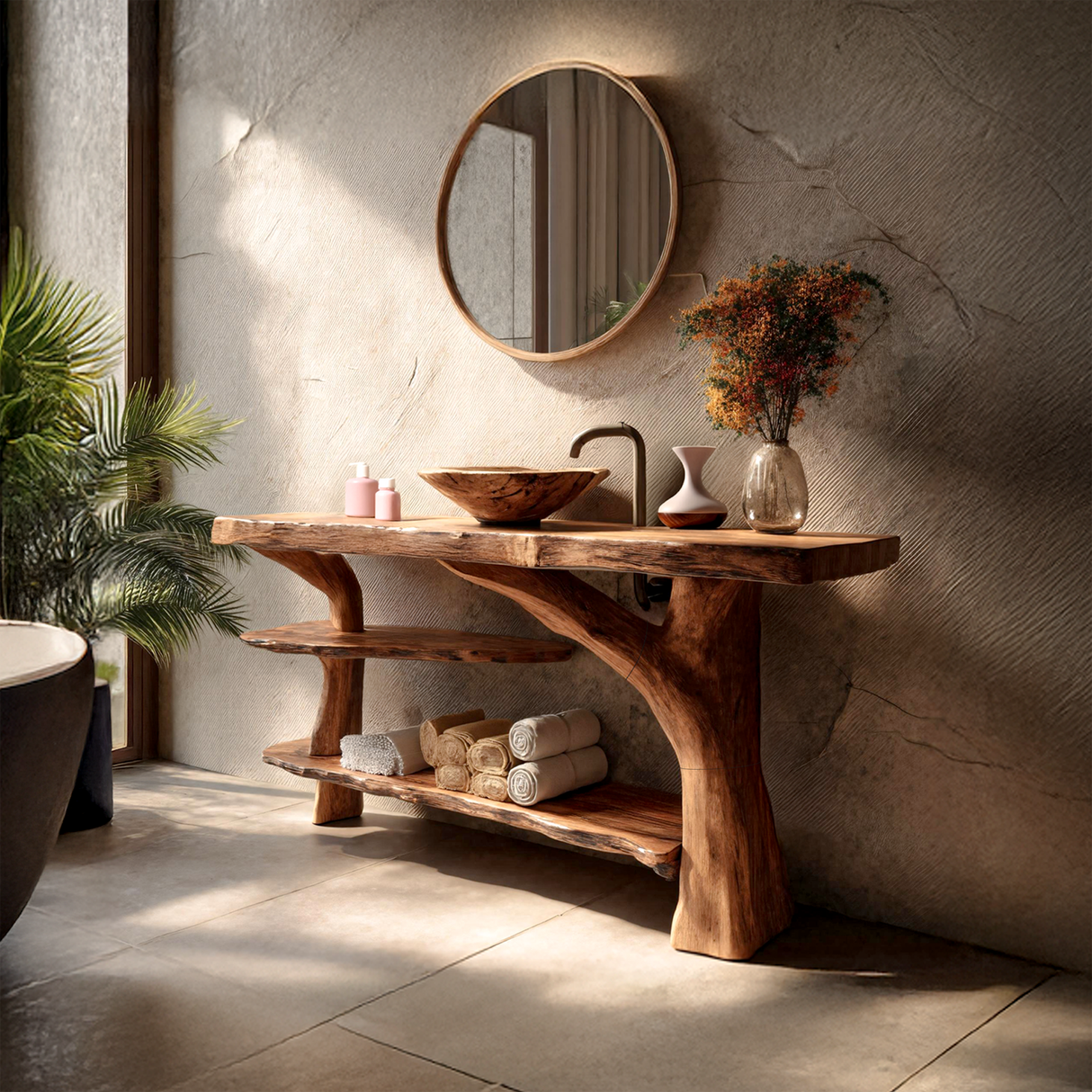 Mid Century Live Edge Bathroom Vanity Organic Wood For Luxury Spa Bath