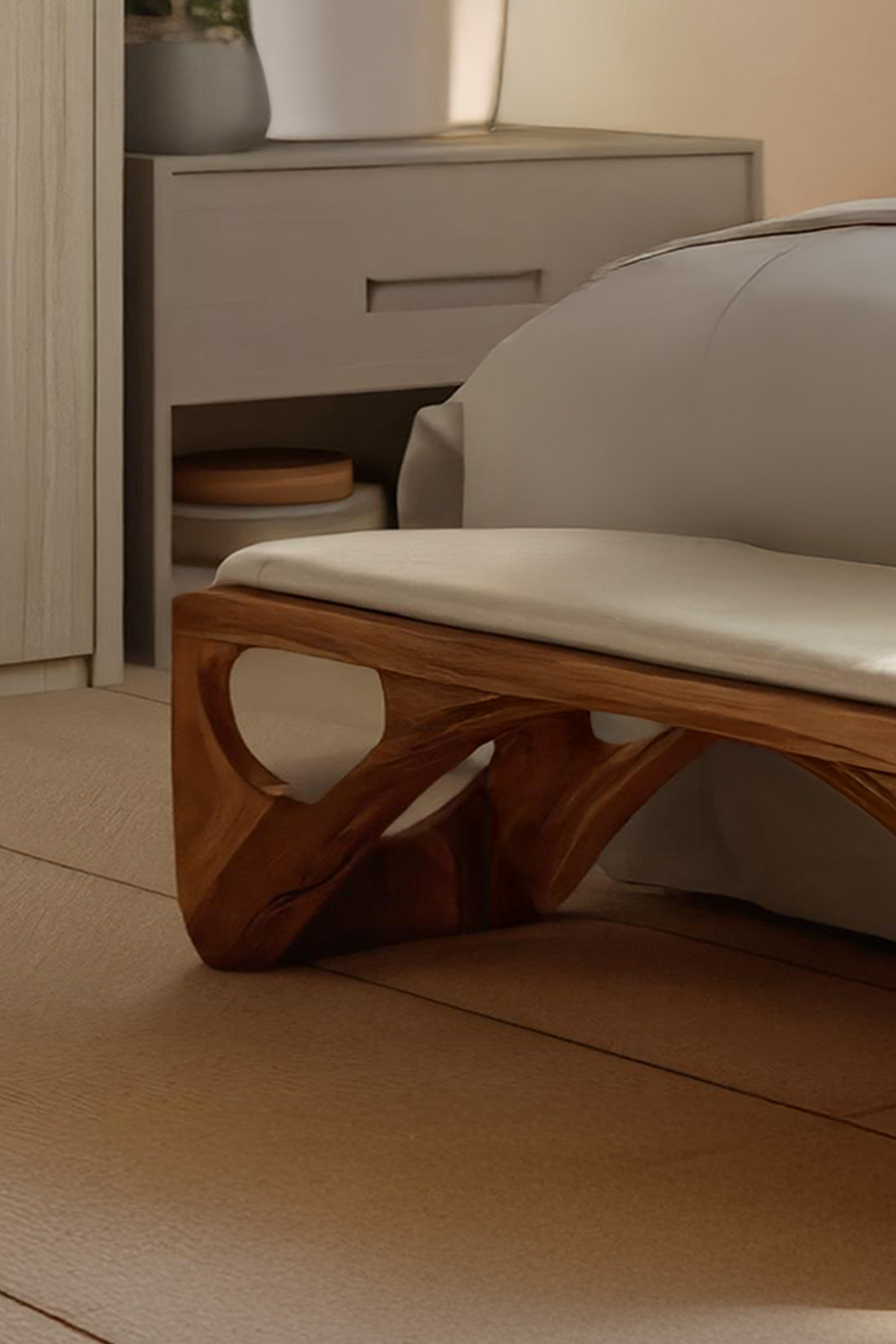 Minimalist Curved Wood Bench For End-of-Bed Design