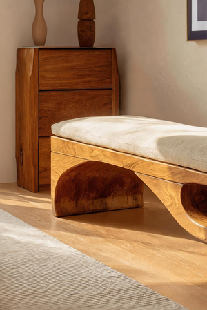 Modern Sculptural Wooden Bench For Bedroom Decor