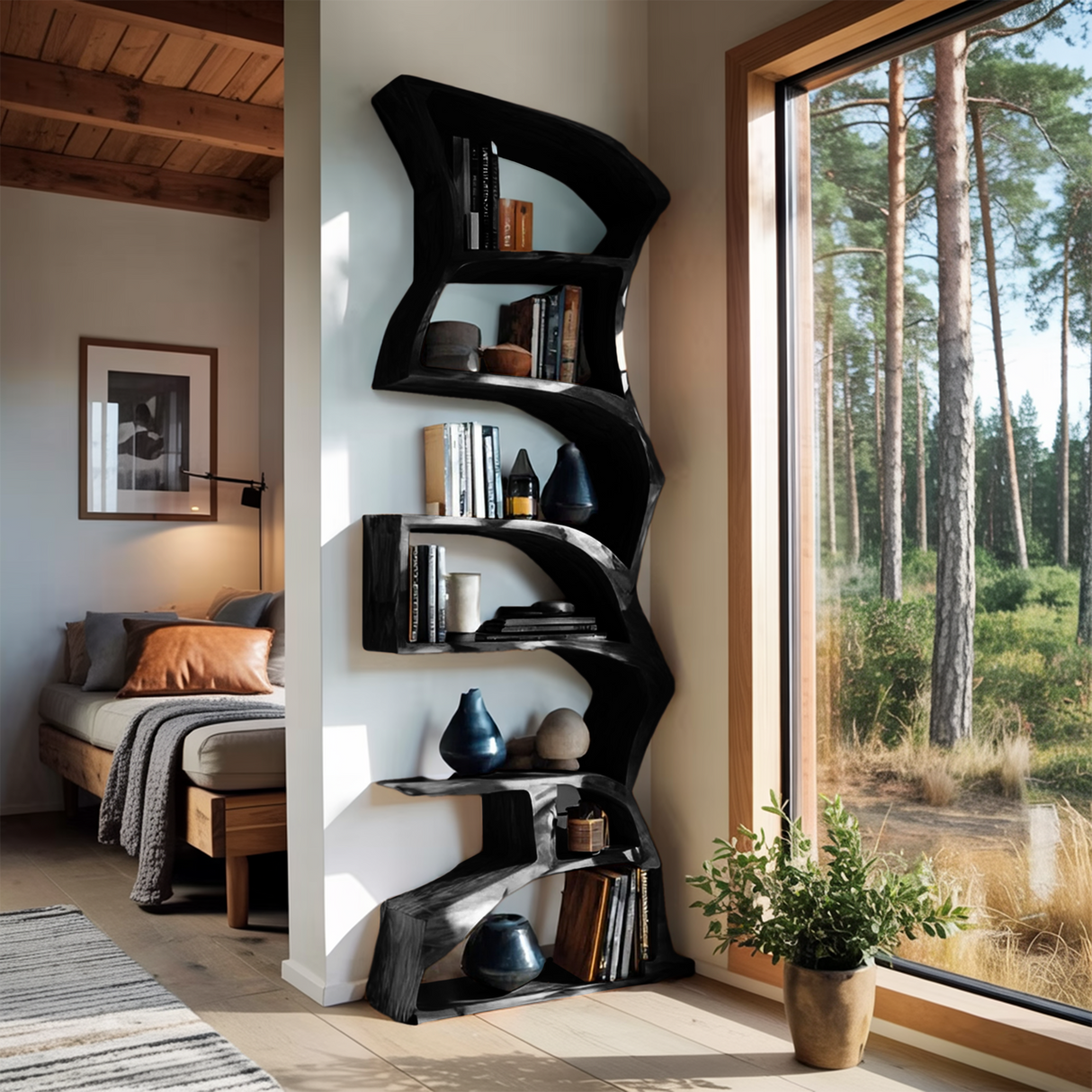 Modern Bookshelf With Curved Design For Study