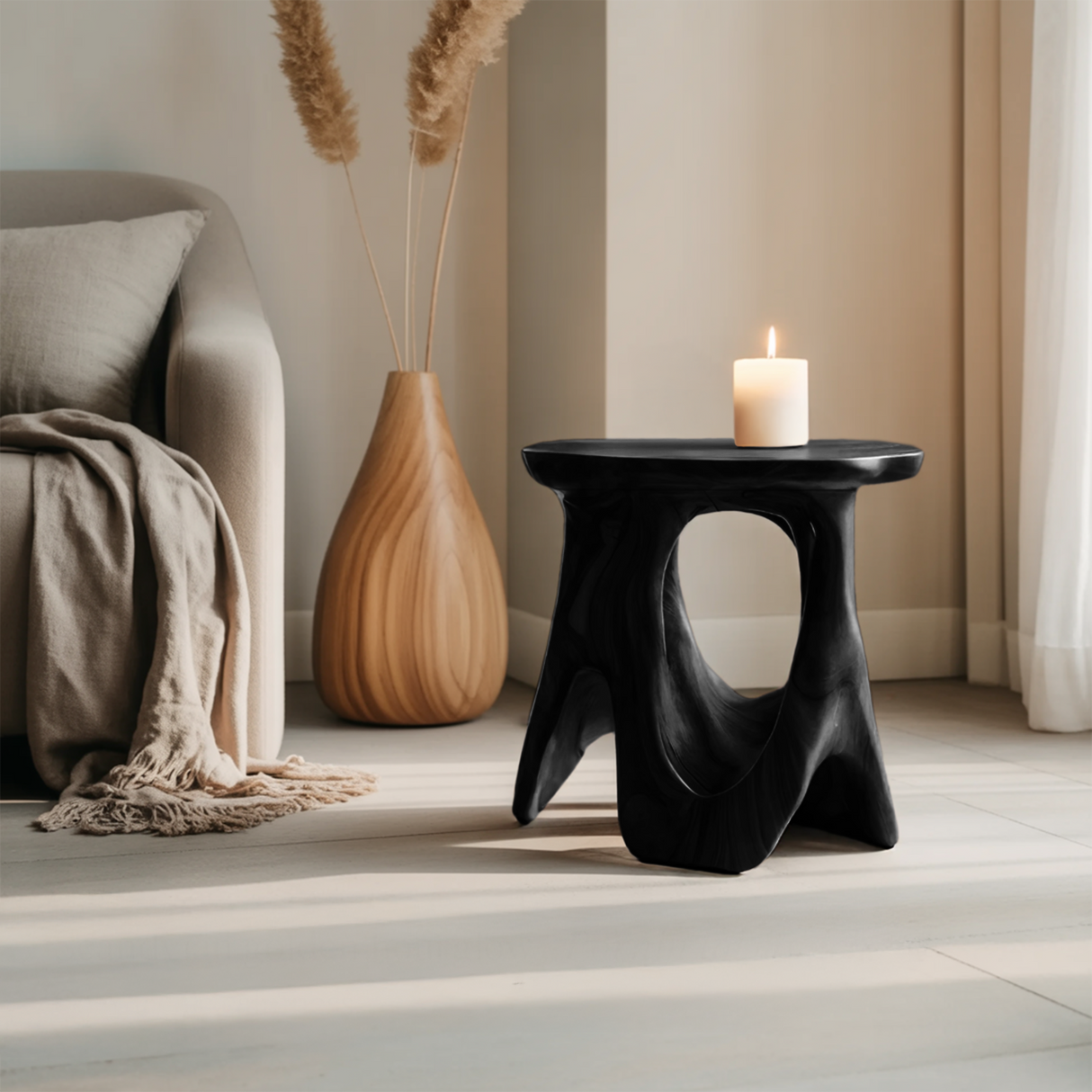 Modern Sculptural Carved Side Table For Living Room