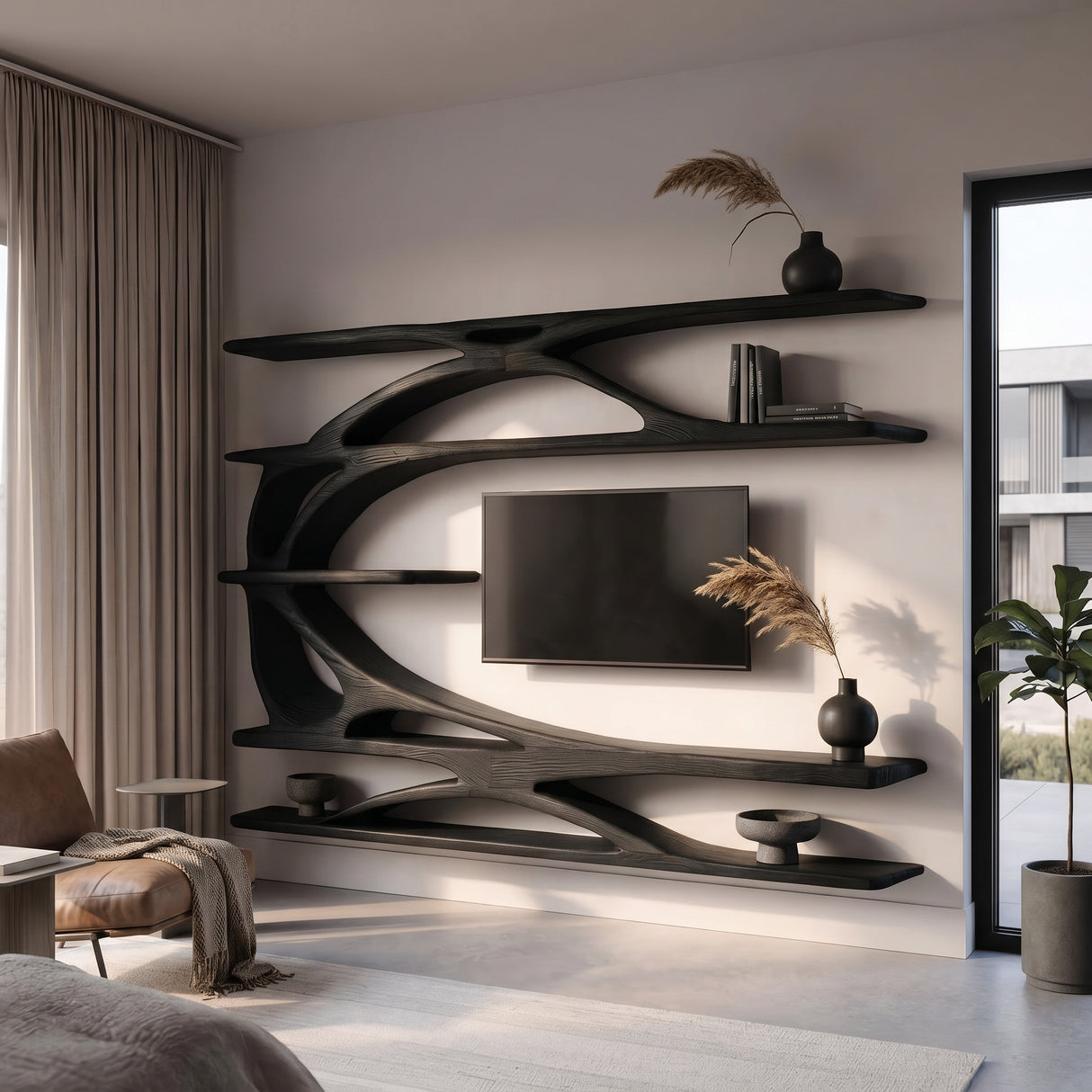 Modern Wall Mounted TV Stand With Bookshelf For Living Room