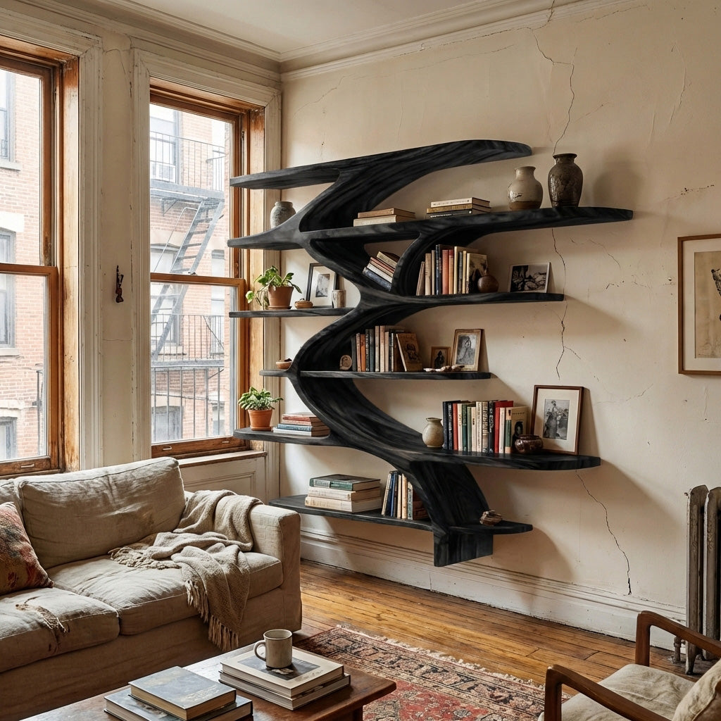 Contemporary Sculptural Natural Wood Wall Shelf For Modern Home
