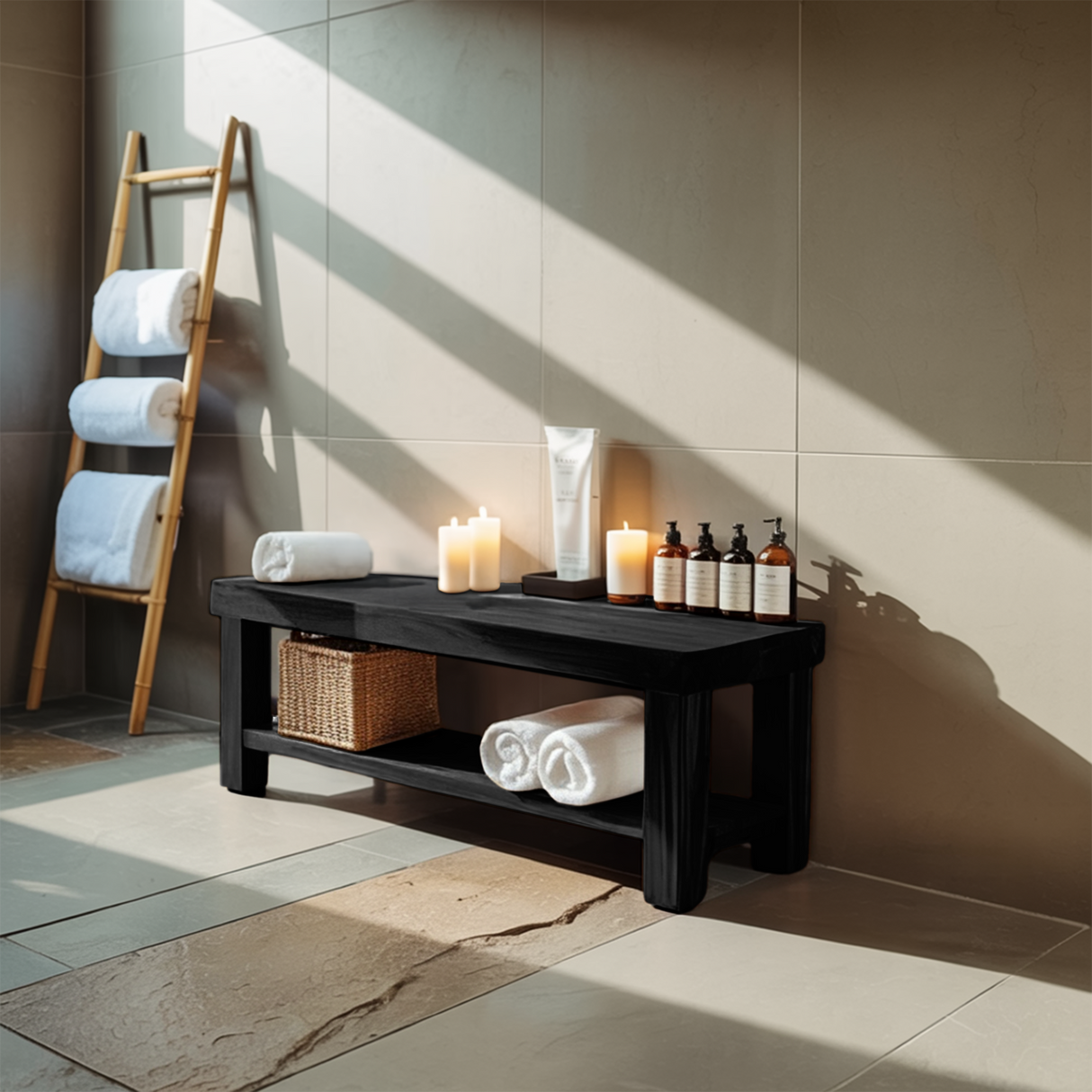Minimalist Shower Bench With Storage Shelf For Bathroom