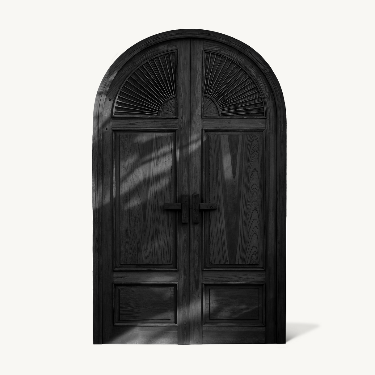 Mediterranean Arched Entry Door With Carved Sunburst For Garden And Villa