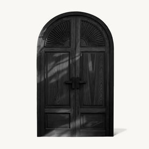 Mediterranean Arched Entry Door With Carved Sunburst For Garden And Villa