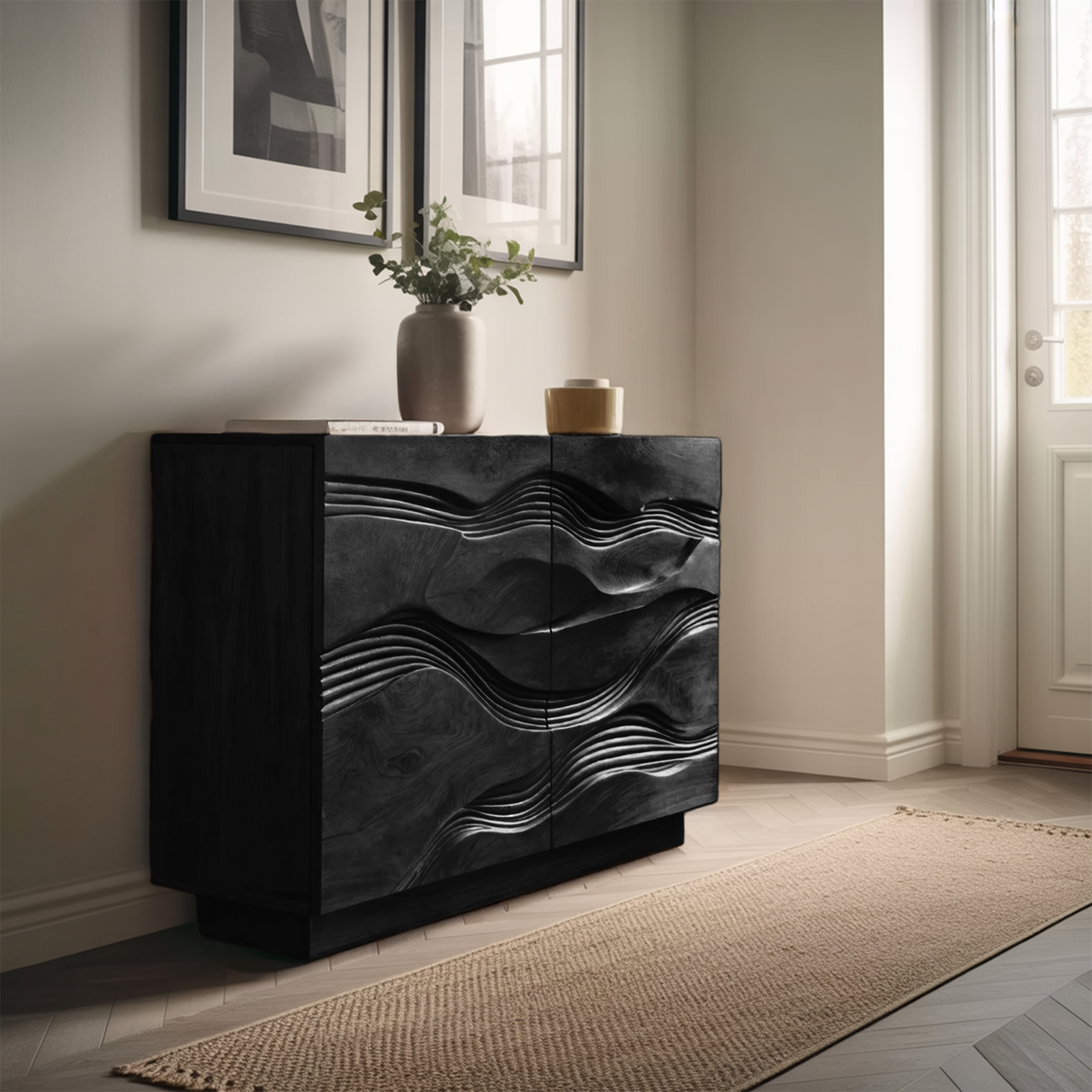 Organic Storage Cabinet Hand Carved Wave Pattern For Home Decor