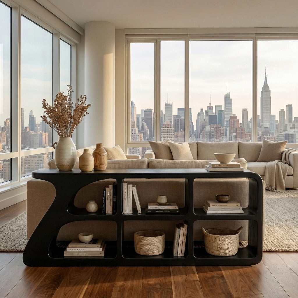 Organic Wood Console Table With Cubby Storage For Living Room