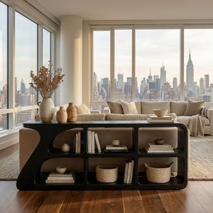 Organic Wood Console Table With Cubby Storage For Living Room
